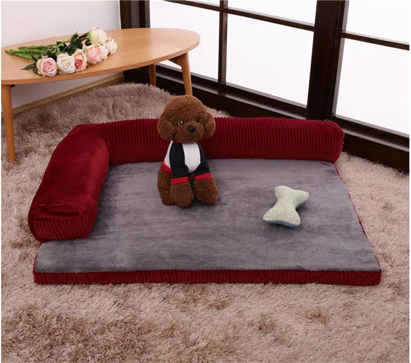 Corduroy fabric pet sofa dog bed in a grey colour, showing raised sides and plush high-density sponge padding.