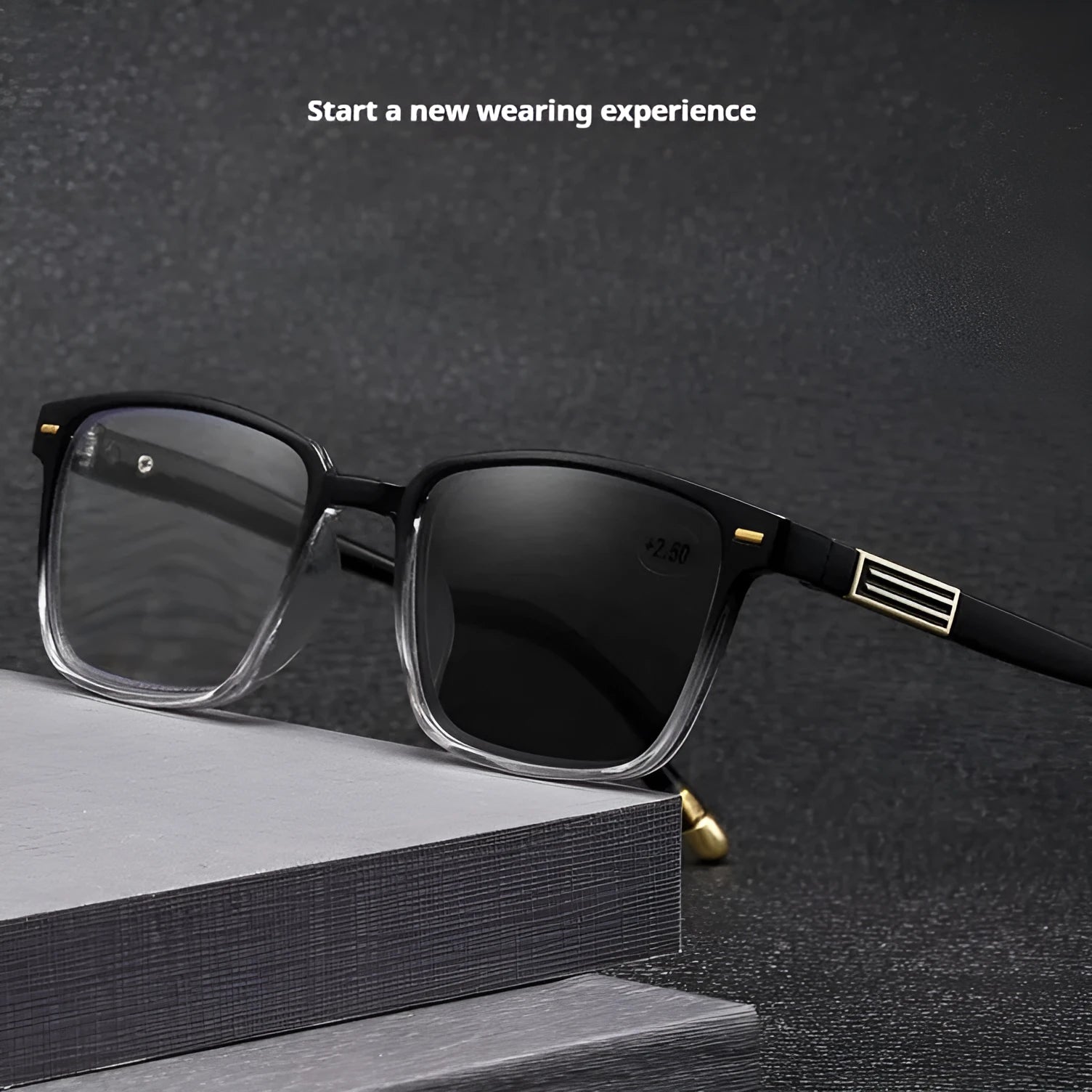 Multifocal reading glasses with colour changing, anti-blue light PC lenses in a black and silver frame style.