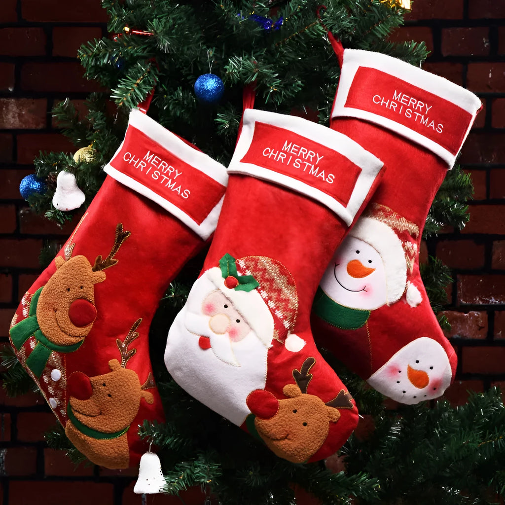 Christmas candy bag socks pendant in non-woven fabric with Elk, Old Man and Snowman designs