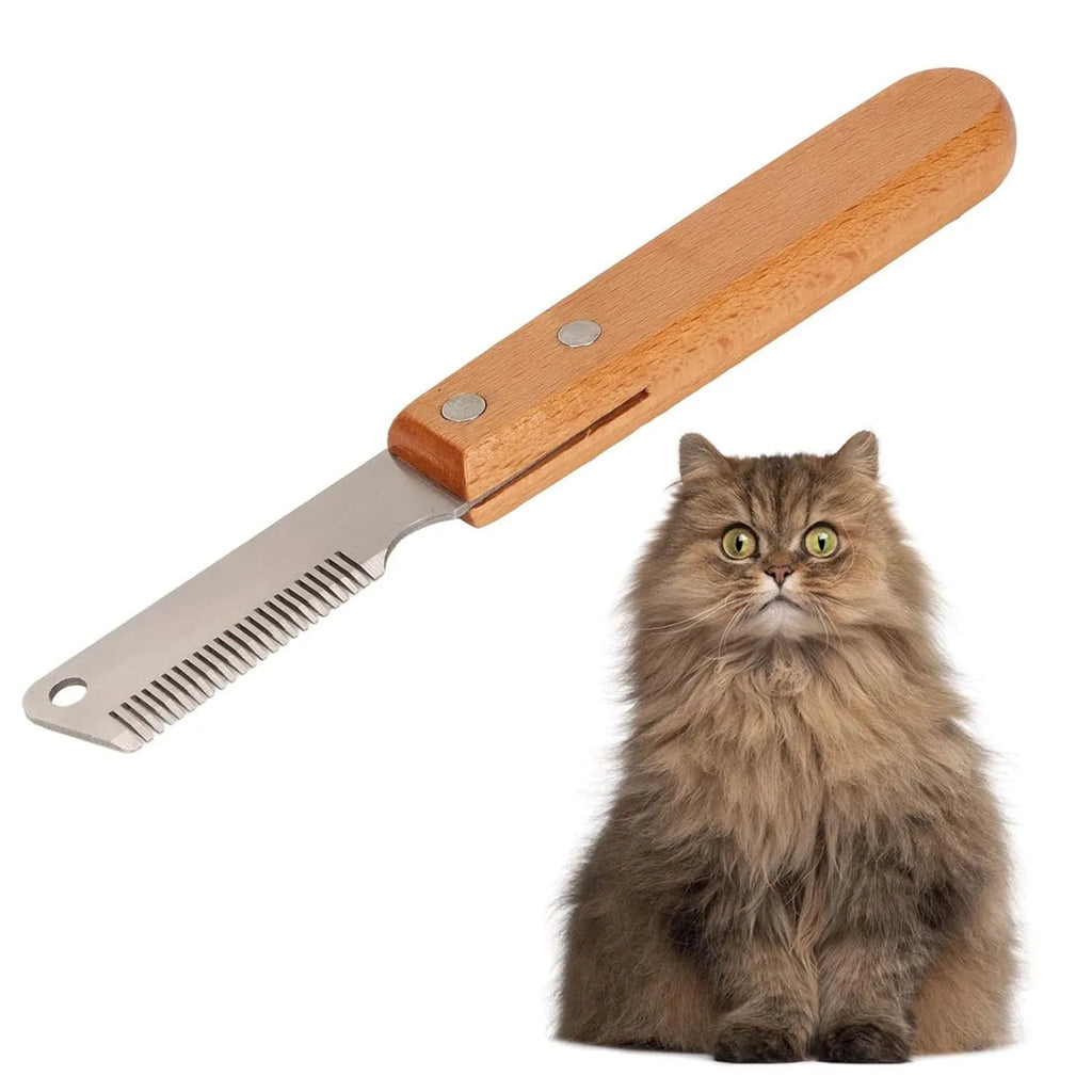 Pet stripping comb with wooden handle and metal teeth for removing hair from dogs and cats.