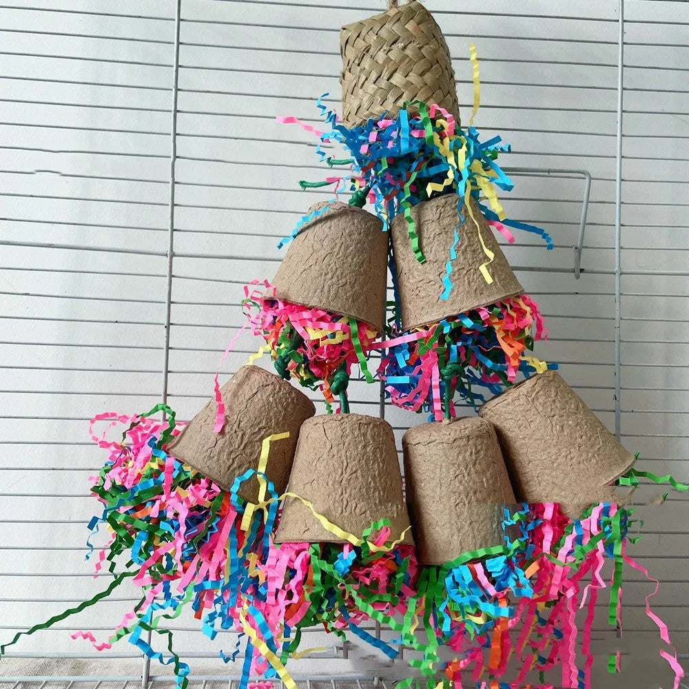 Parrot paper cup palm weaving gnawing toy hanging at 38cm length with wood-coloured weaving texture