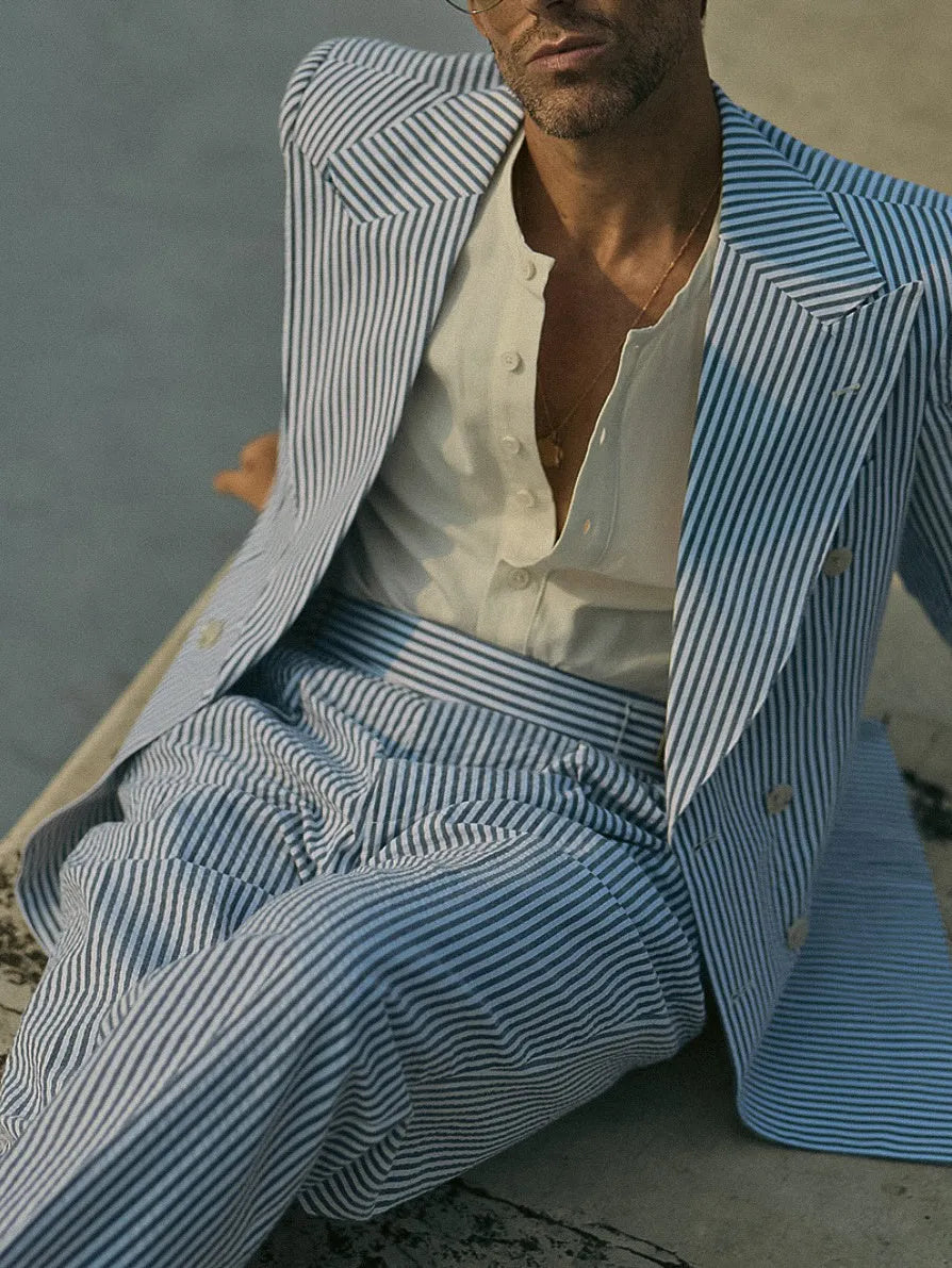 Blue and white striped polyester suit set with blazer and trousers in regular fit