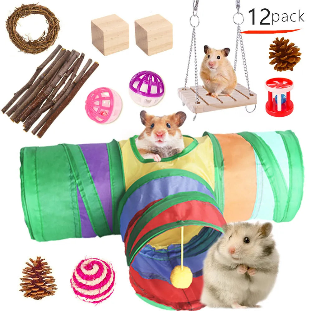Assortment of wooden and natural fibre chewing toys for pet rabbits, guinea pigs, and parrots on a straw mat