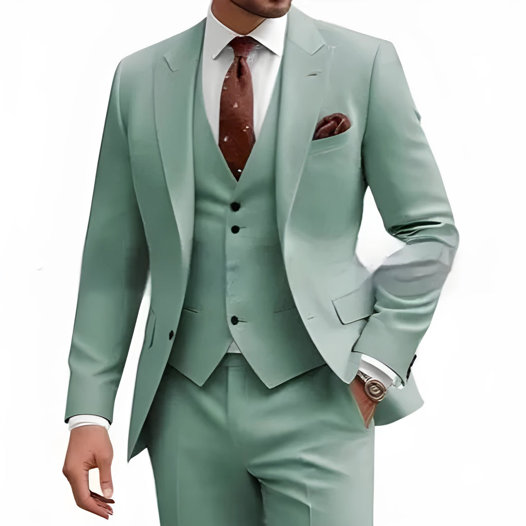 Men's slim-fit three-piece suit in chemical fibre blend fabric available in multiple colours