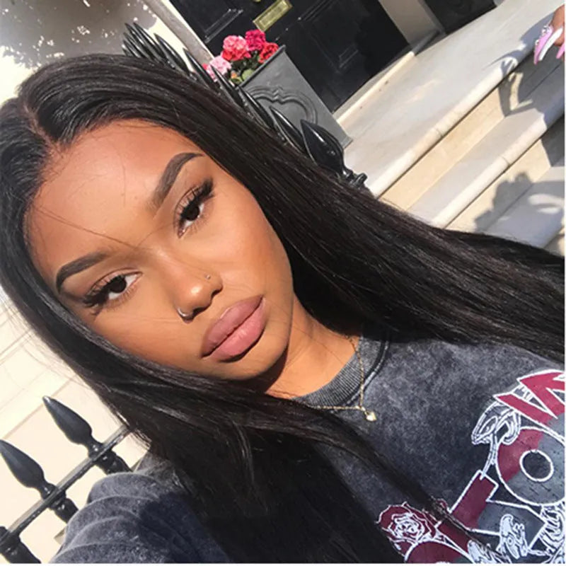 Long straight black women's wig with centre-parted bangs in European American style