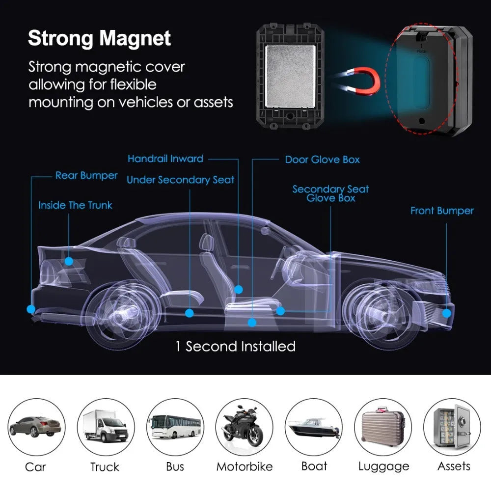 Black GPS car locator device with 6000mAh battery and IP65 waterproof rating for vehicle tracking