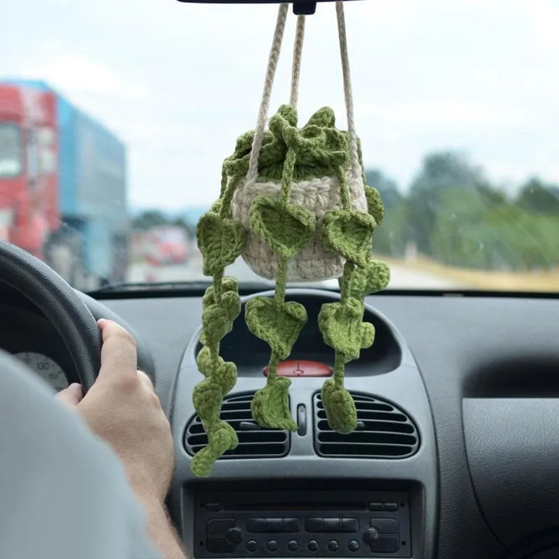 Green and white crochet car plant ornament with 25cm white hanging rope on 8cm basin base
