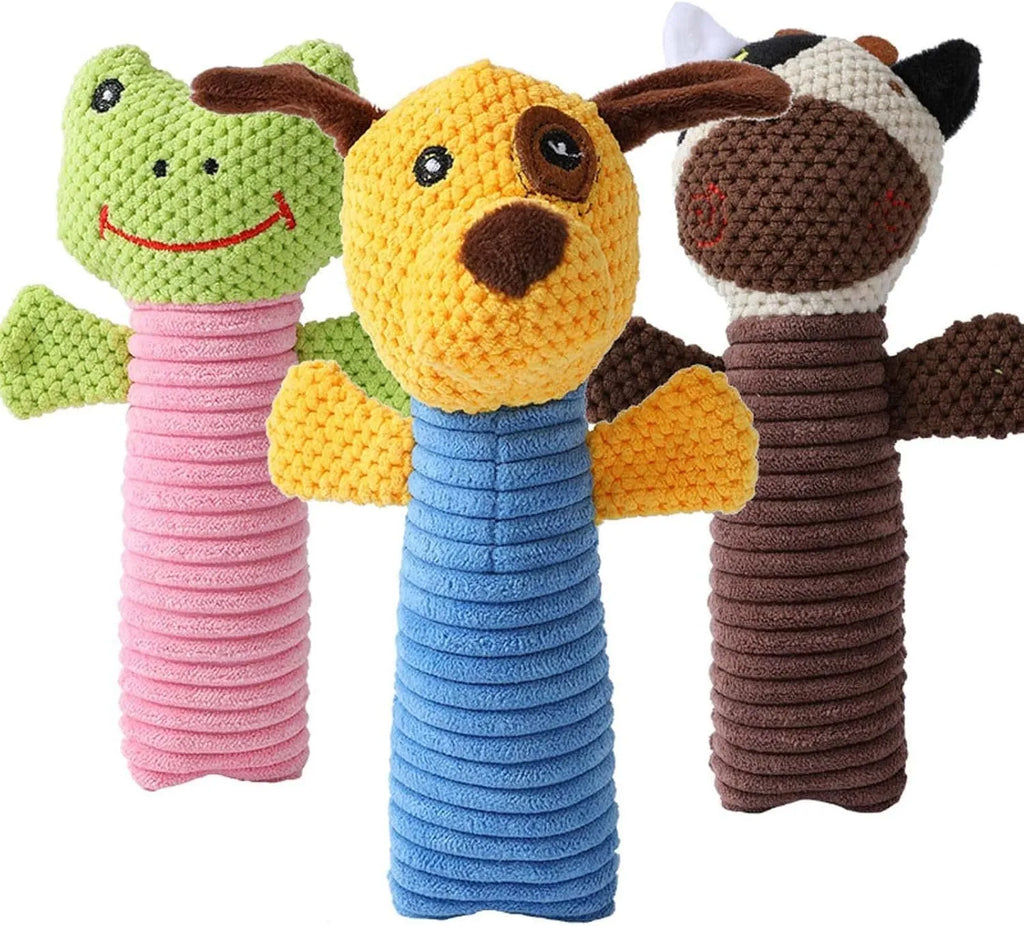 Soft plush dog chew toy in animal shape with squeaker, shown with size scale.