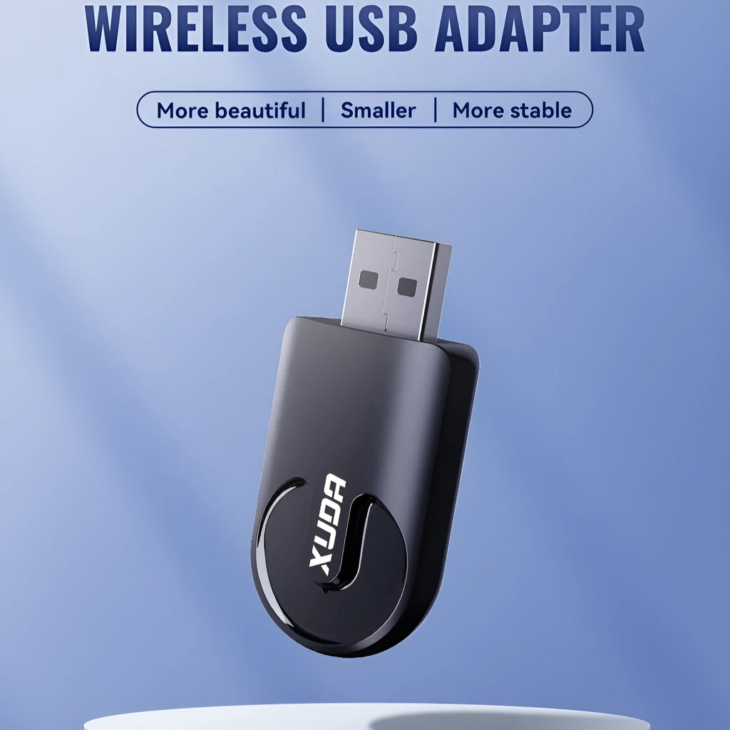 Black mini 2-in-1 CarPlay USB wireless data adapter showing compact dimensions