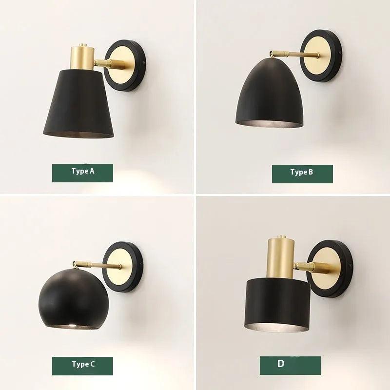 Nordic style iron wall lamp mounted beside bed with LED light illumination