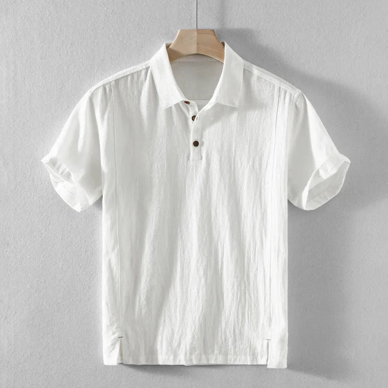 Men's loose fit linen and cotton casual shirt in a solid colour, shown in light grey.