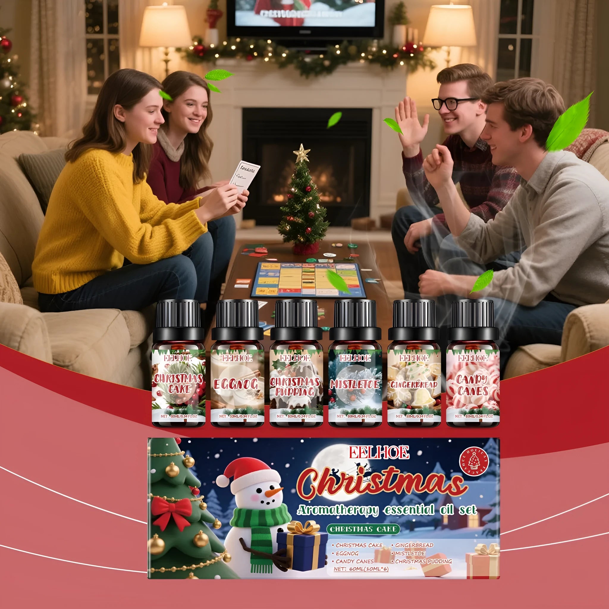 Six bottles of Christmas aromatherapy oil set with 60ml volume for festive home scenting.