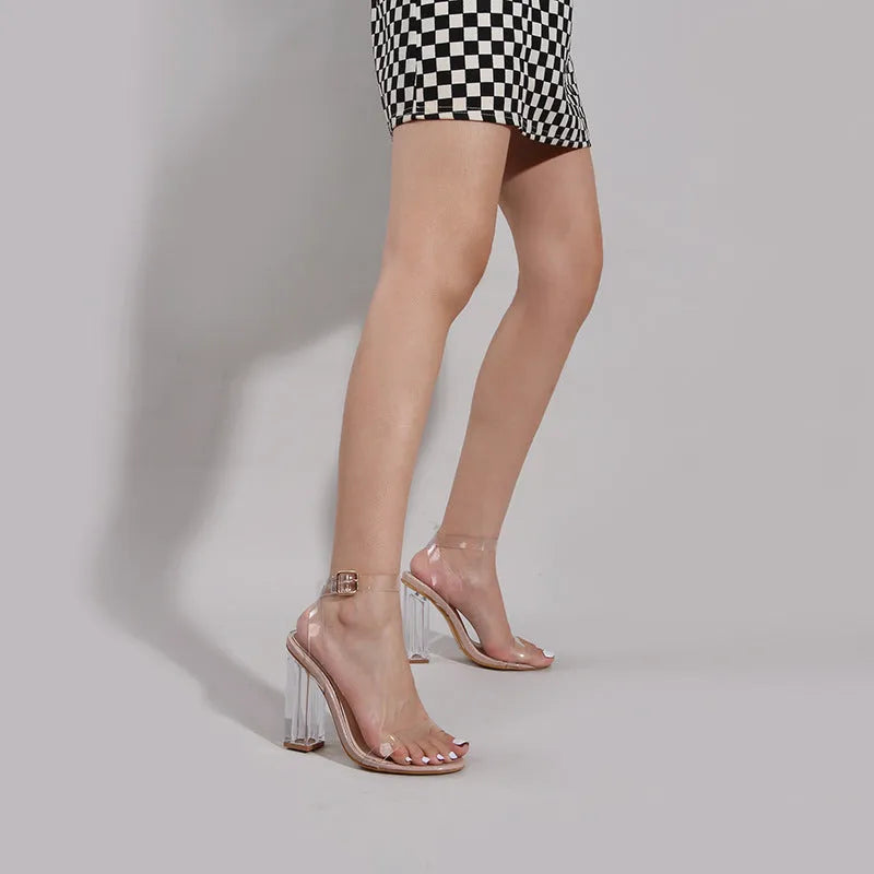 Apricot women's high heel sandals with glass-effect heel and round toe, featuring a buckle fastening.