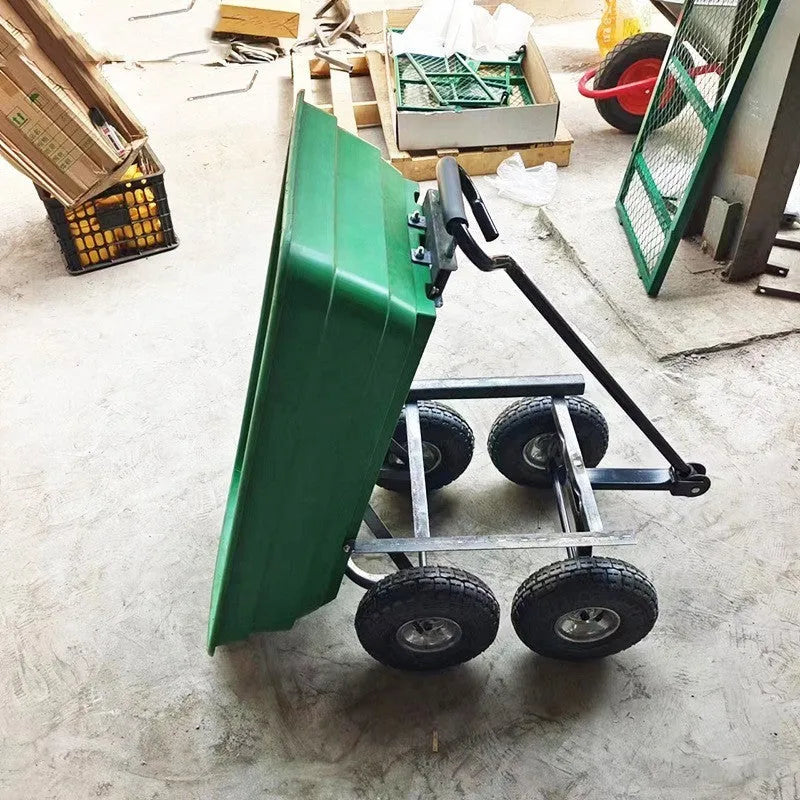 Green TC2145 four-wheel plastic dumptruck with a steel and PP body for garden hauling.