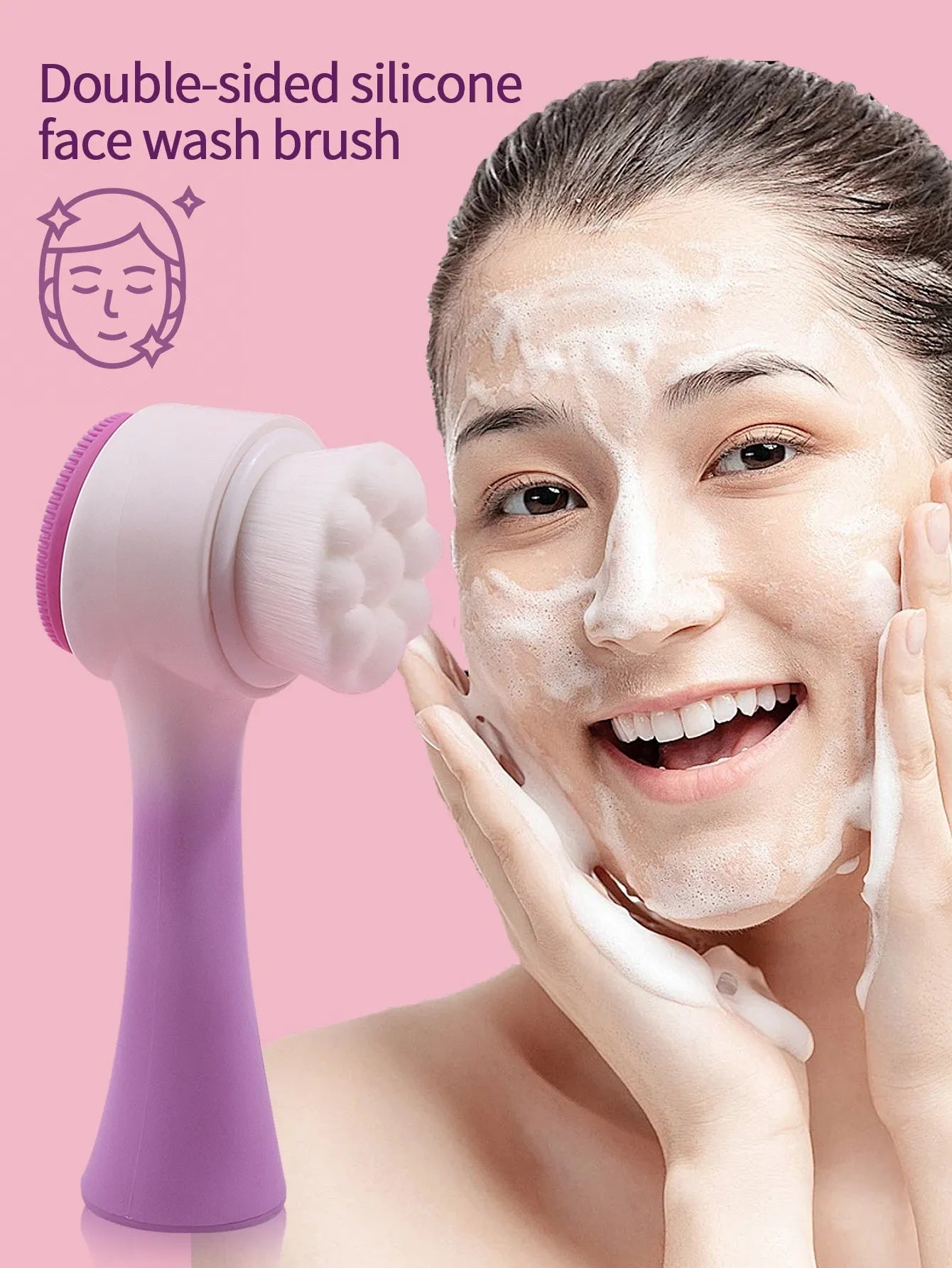 Facial brush set with coral fleece hair band in purple, nylon brush with plastic handle for skincare cleansing