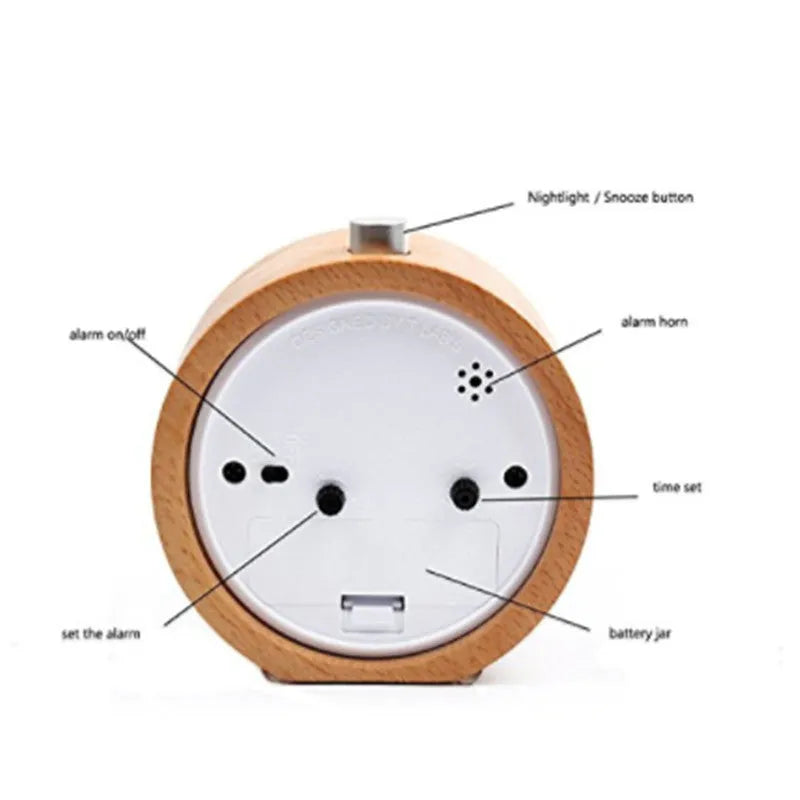 Solid beech wood traditional alarm clock with silent snooze function measuring 9.5cm in diameter