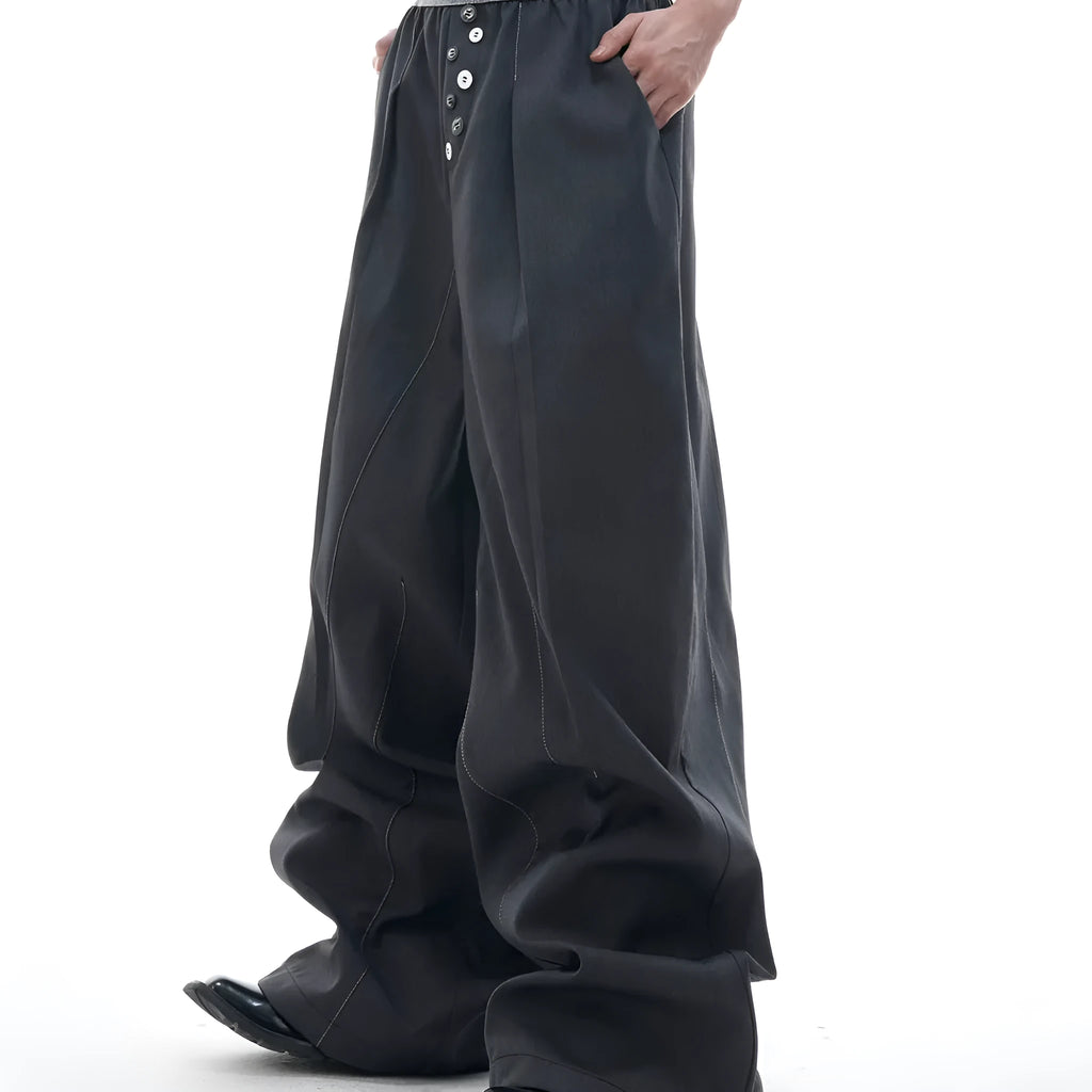 Straight-leg trousers with button-open line design in black or grey colours, high waist construction