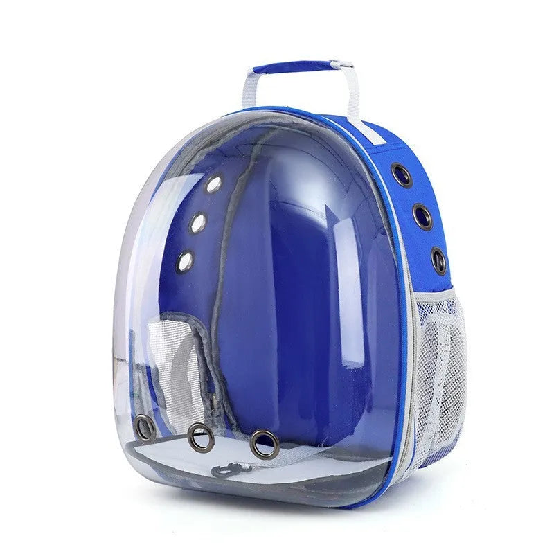 Grey PC astronaut-style pet carrier backpack with side-opening door for a cat.