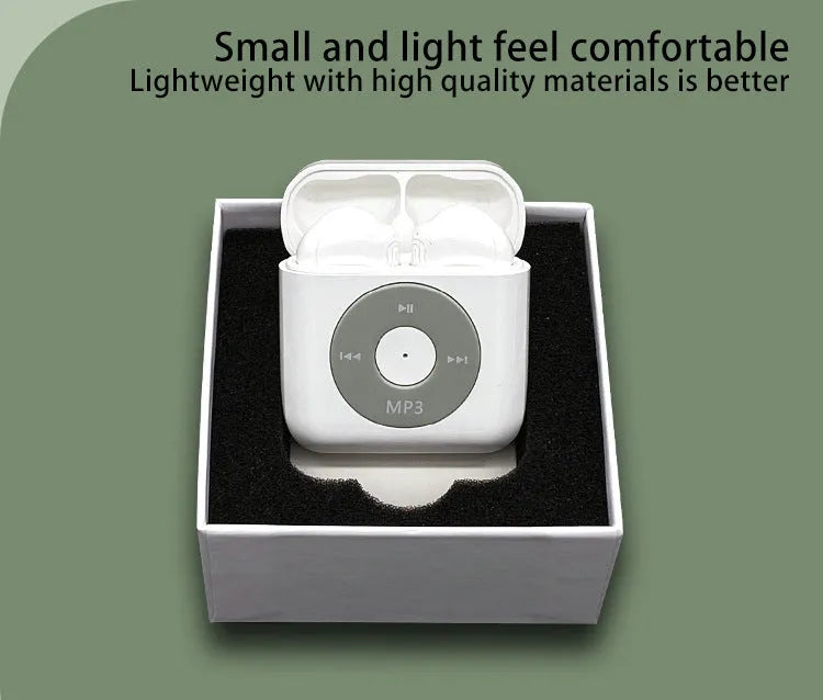 White wireless Bluetooth semi in-ear earphones with a matching charging case on a white background.
