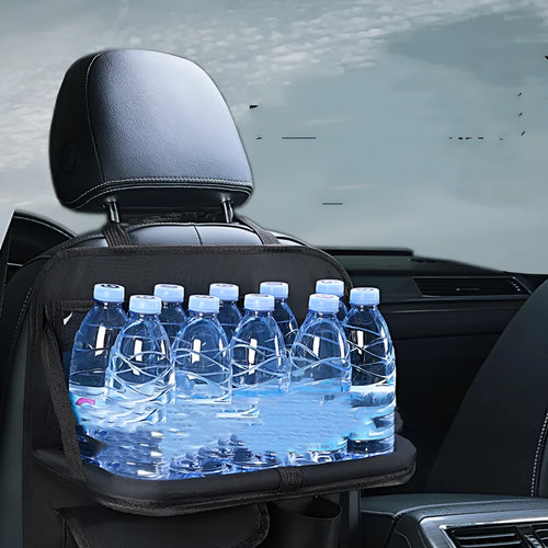 Black oxford cloth car seat back storage organiser with hanging straps, 42x30cm size