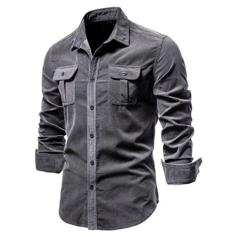 Men's long sleeve linen button-up shirt in denim blue, shown with Asian and international size options.
