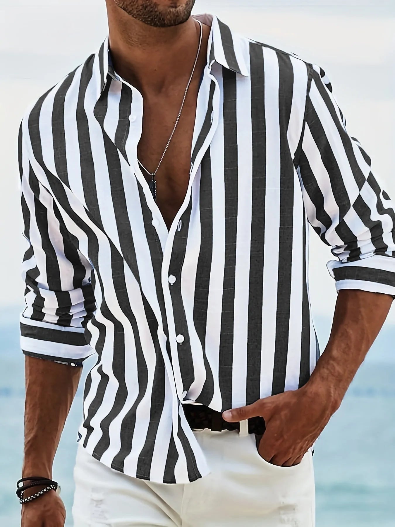 Men's yarn-dyed striped casual long sleeve shirt in British style loose cardigan fit