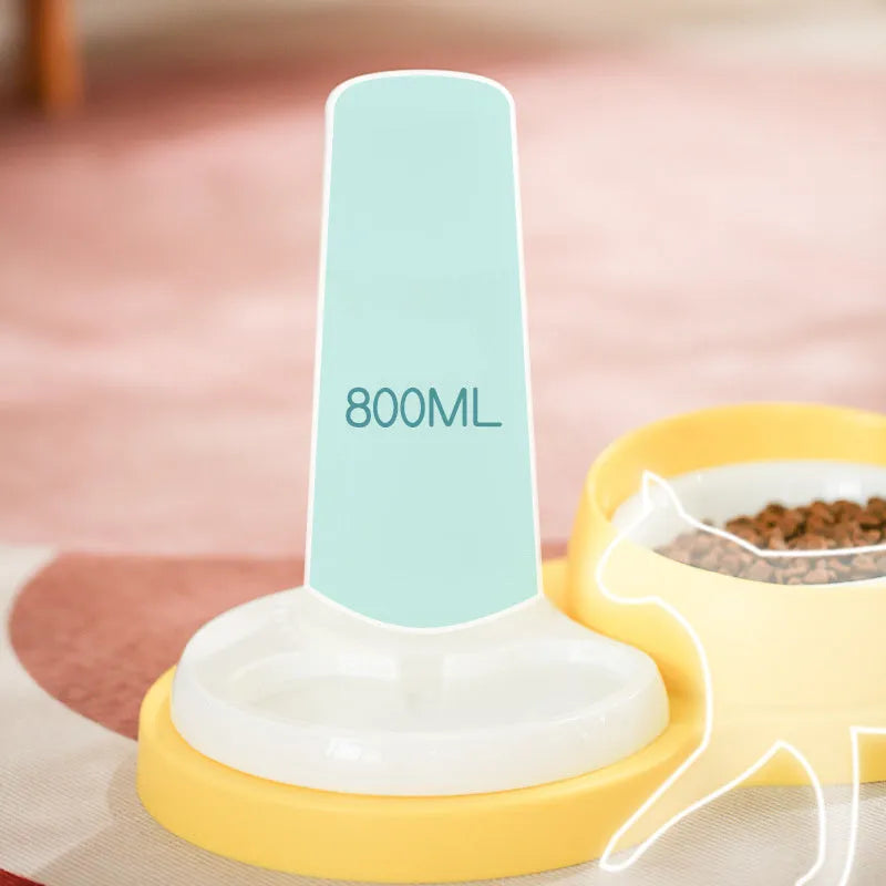 Grey and yellow dual pet food bowl with raised design for neck protection
