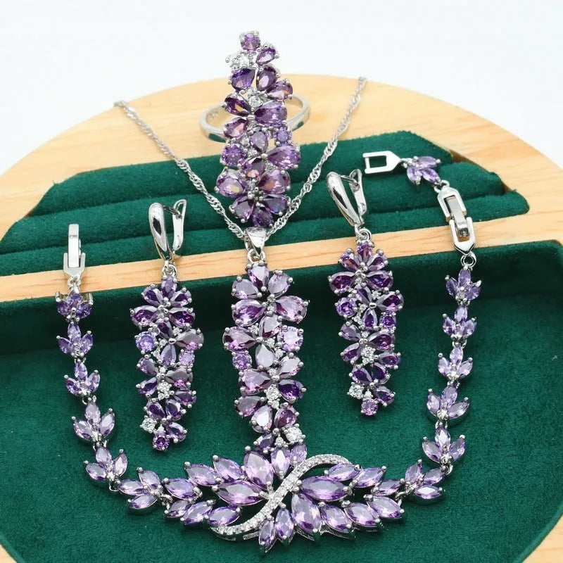 Retro floral jewellery set with copper zircon bracelet, necklace, earrings and ring in vintage style