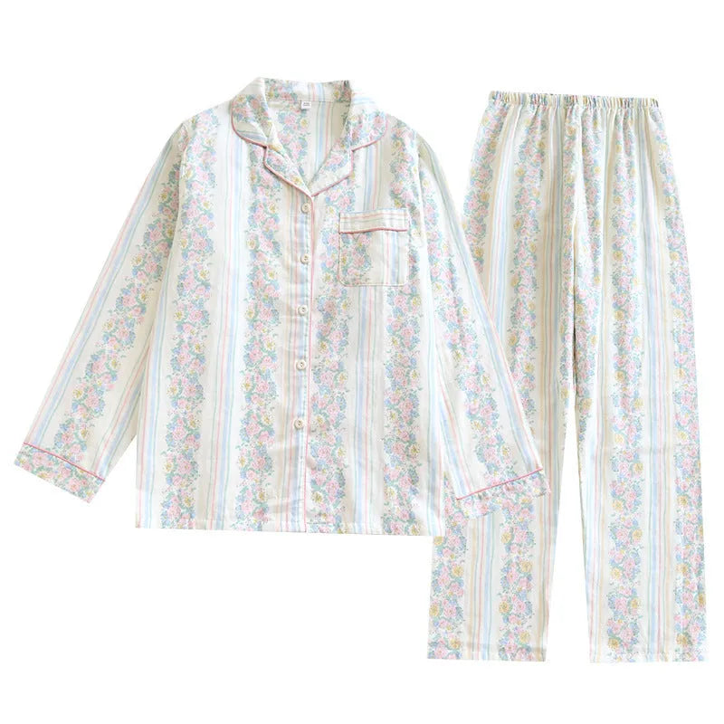 Women's cotton gauze long-sleeved top and trousers homewear set in a colour stripes pattern.