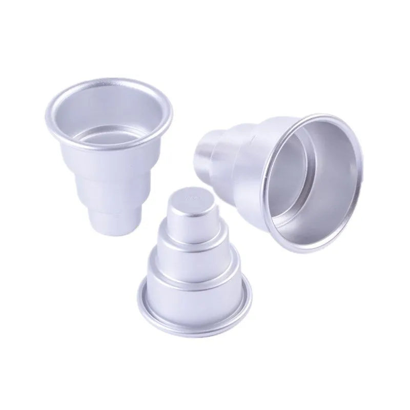 Three silver aluminium alloy cake moulds in large, medium, and small sizes with softcover