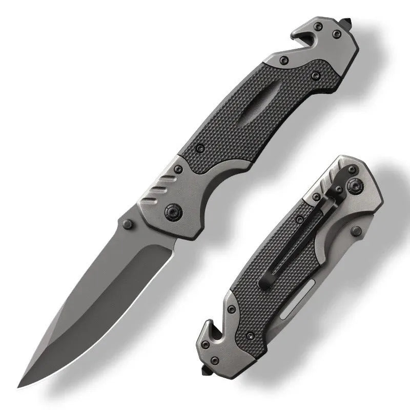 Alloy folding knife showing blade details and folded position with measurement indicators