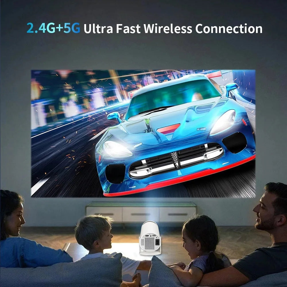 White Barrel X10 PLUS portable smart HD projector with gamepad and remote control on a table.