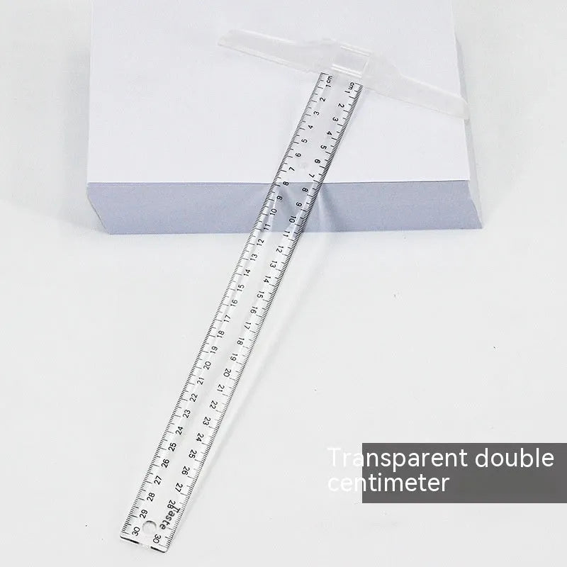 30cm transparent plastic T-shaped ruler with dual centimetre and British imperial measurement scales