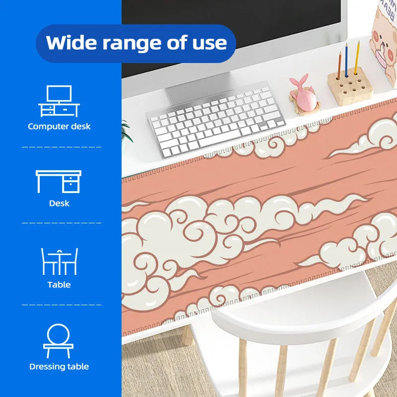 Large natural rubber desk mat with Japanese cloud pattern on a wooden desk, showing non-slip base.