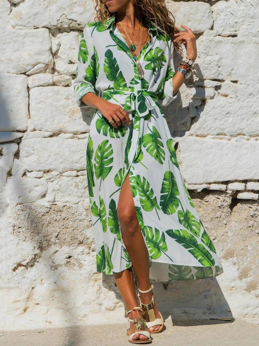 Women's vintage chiffon A-line dress with V-neck and high waist in printed polyester fabric available in multiple colours