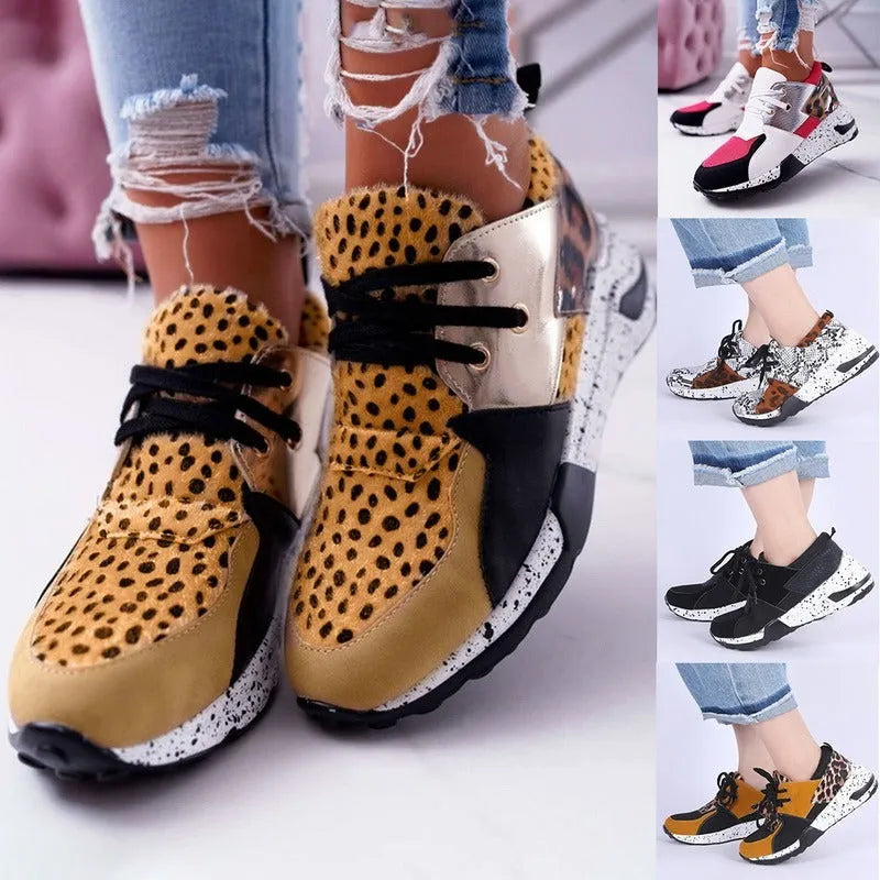 Women's casual suede sneakers with a wedge heel in various colours including black, pink, and leopard print.