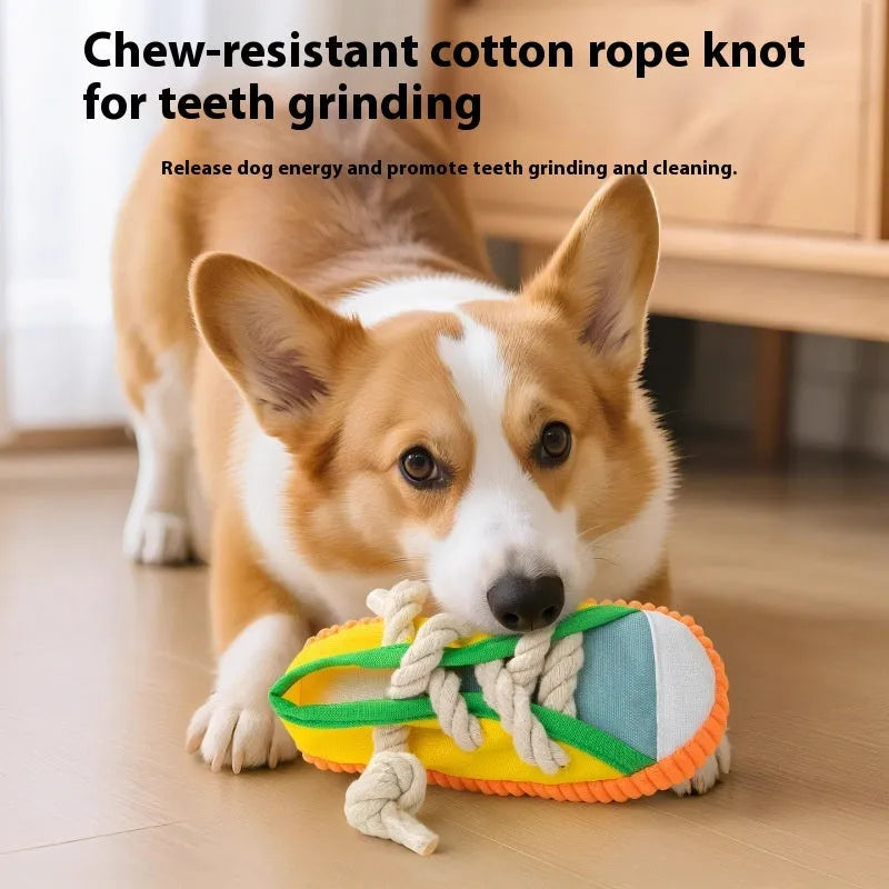 Plastic dog slippers chewing toy in yellow, black or sea fog blue colours with sound activation feature