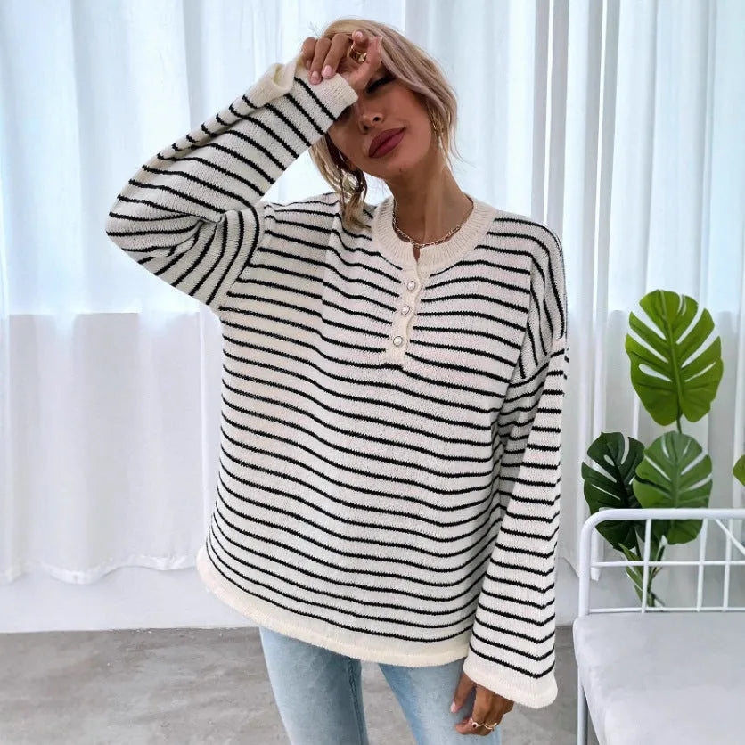 Black striped women's loose top with drop-shoulder sleeves and button detail