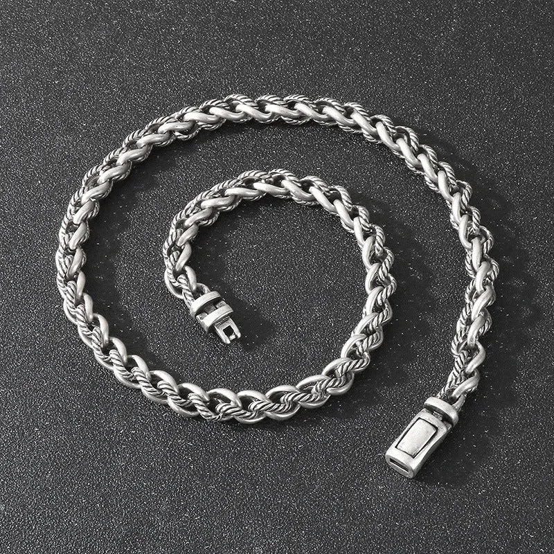 Men's titanium steel geometric keel chain necklace with large hemp flower links in antique silver finish