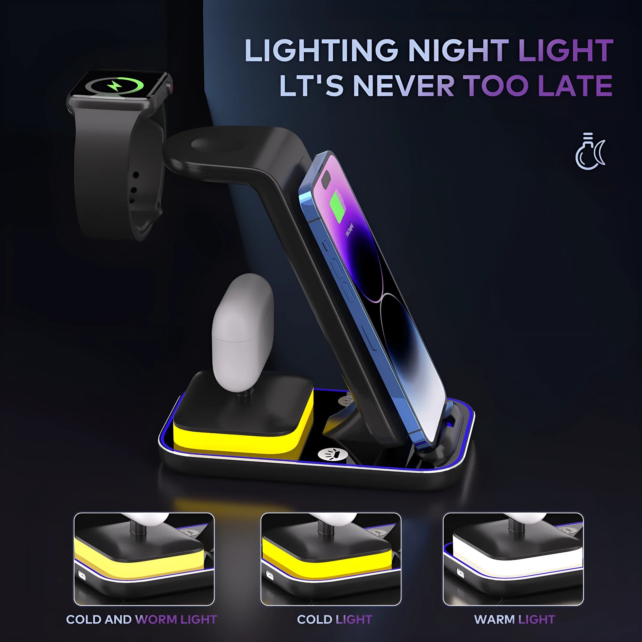 Black vertical wireless charging station for phone, watch and headset with 15W fast charging