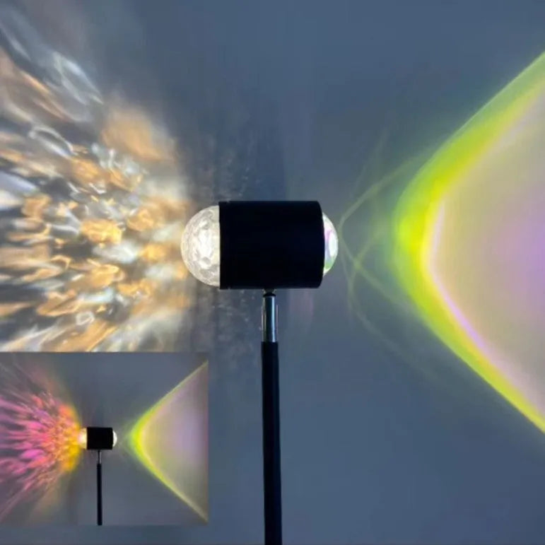 Sunset red modern floor lamp projecting water wave light pattern on floor in a living room.