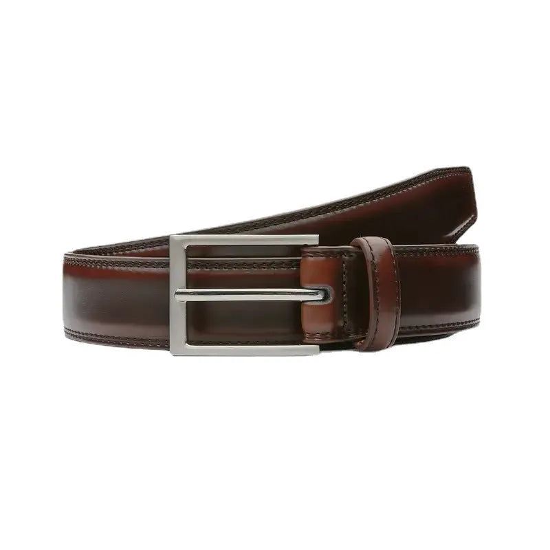Men's genuine leather casual belt with wild grain texture and alloy buckle in brown, black, or yellow brown.