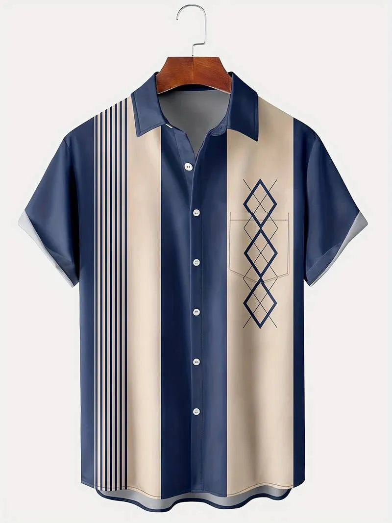 Man wearing a loose-fit contrast plaid short sleeve shirt in cardigan style.