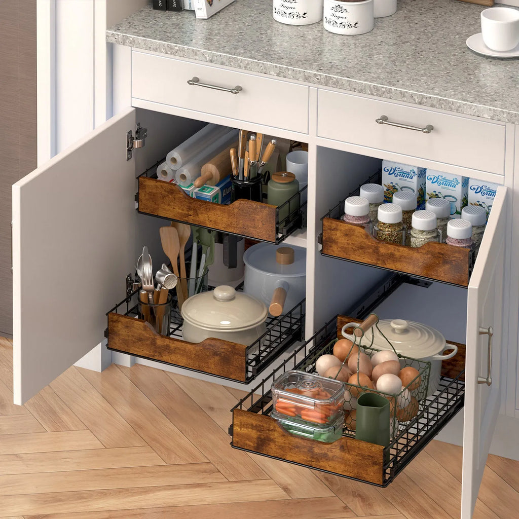 Black wooden and iron pull basket drawer storage rack for home organisation