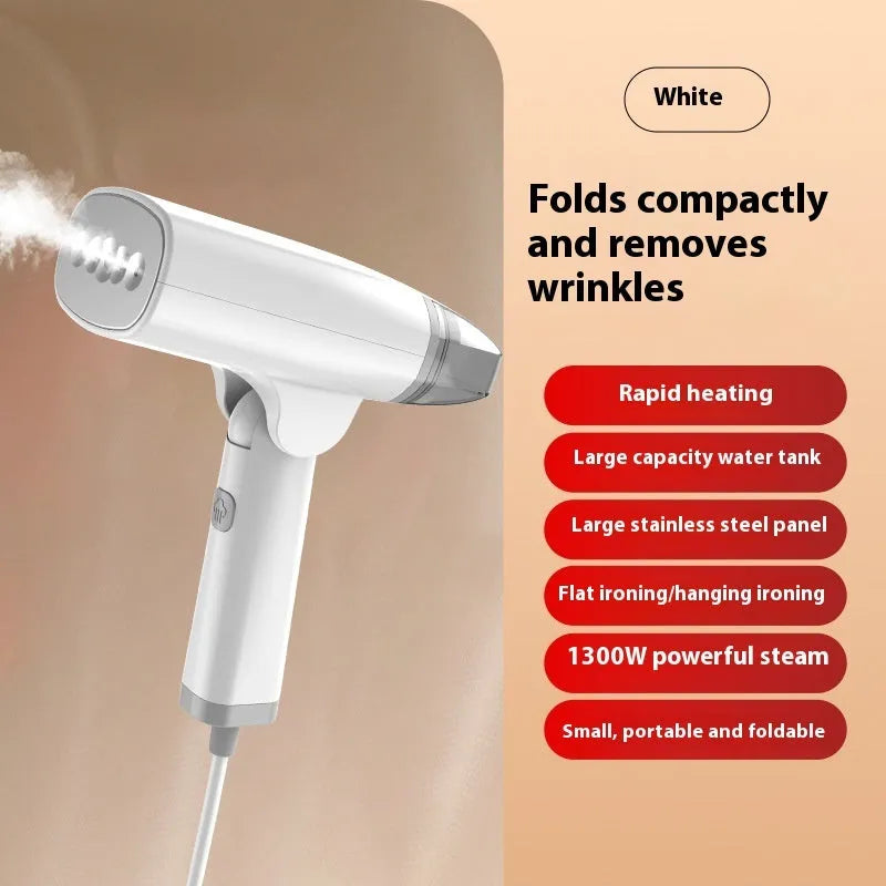 Handheld garment steamer in blue or white with 1300W power and compact design