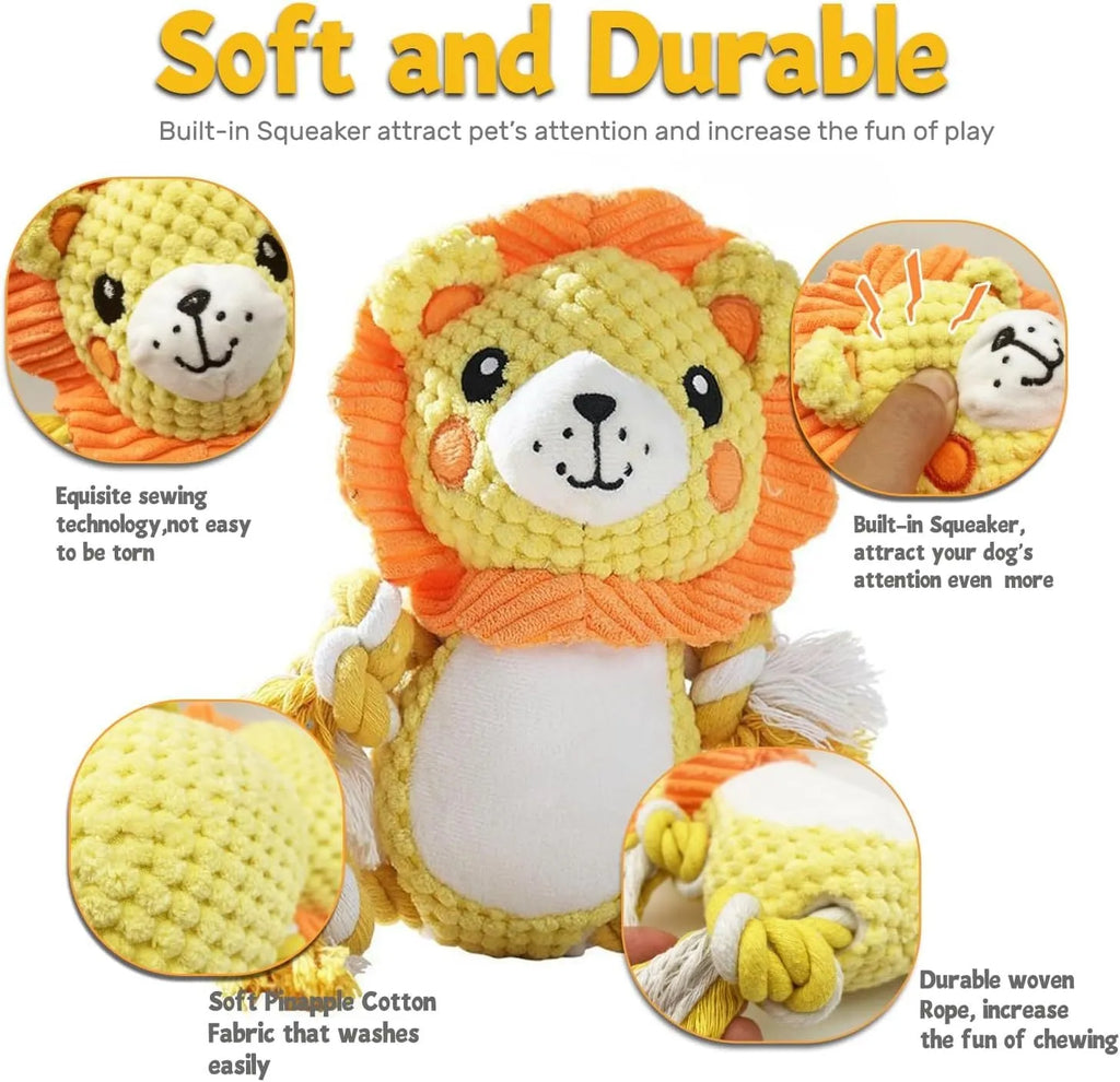 Lion and monkey plush squeaky dog toys showing size difference, with measurement indicators