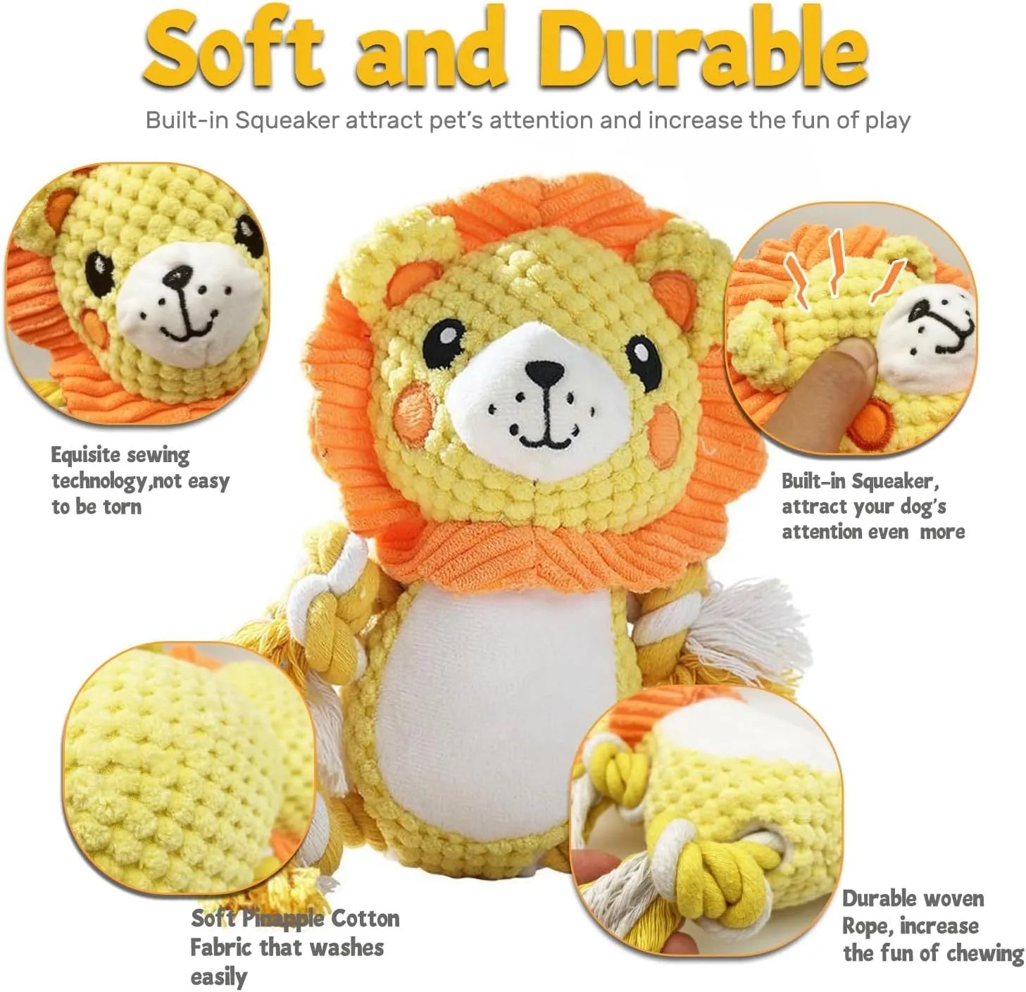Lion and monkey plush squeaky dog toys showing size difference, with measurement indicators