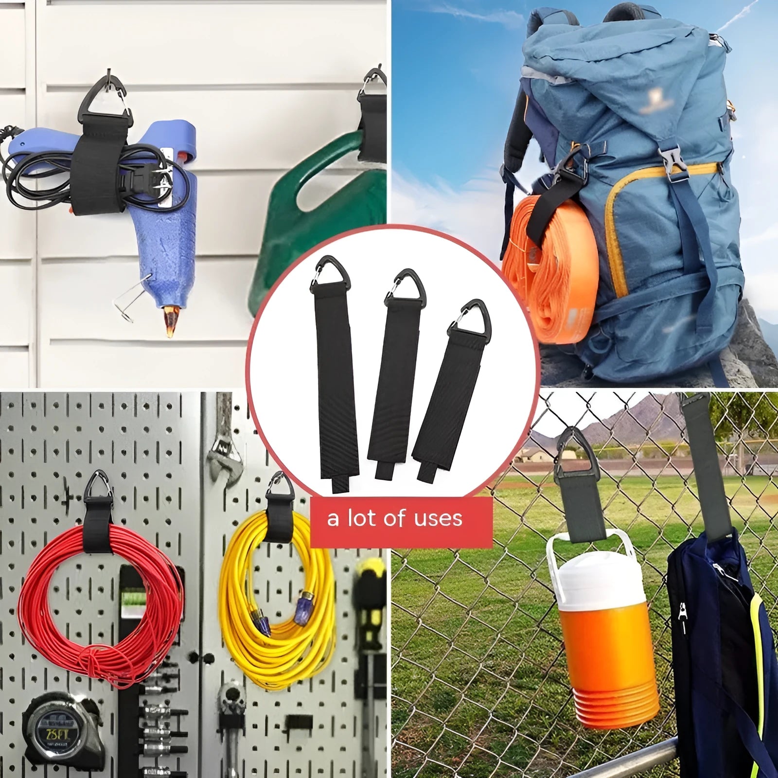 Black gravity strap with climbing button carabiner for storage organisation in three available sizes