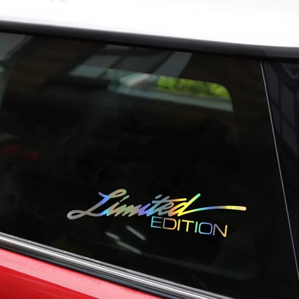 Laser reflective black text car sticker on vehicle surface