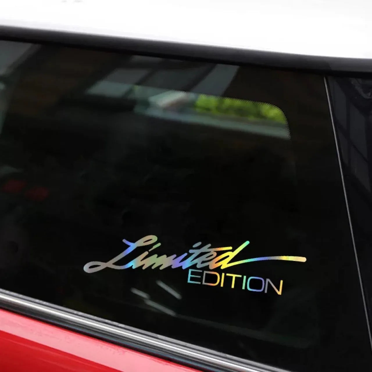 Laser reflective black text car sticker on vehicle surface